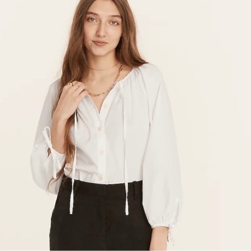 J. Crew Tie-Sleeve Button-Front Cotton Poplin Top White